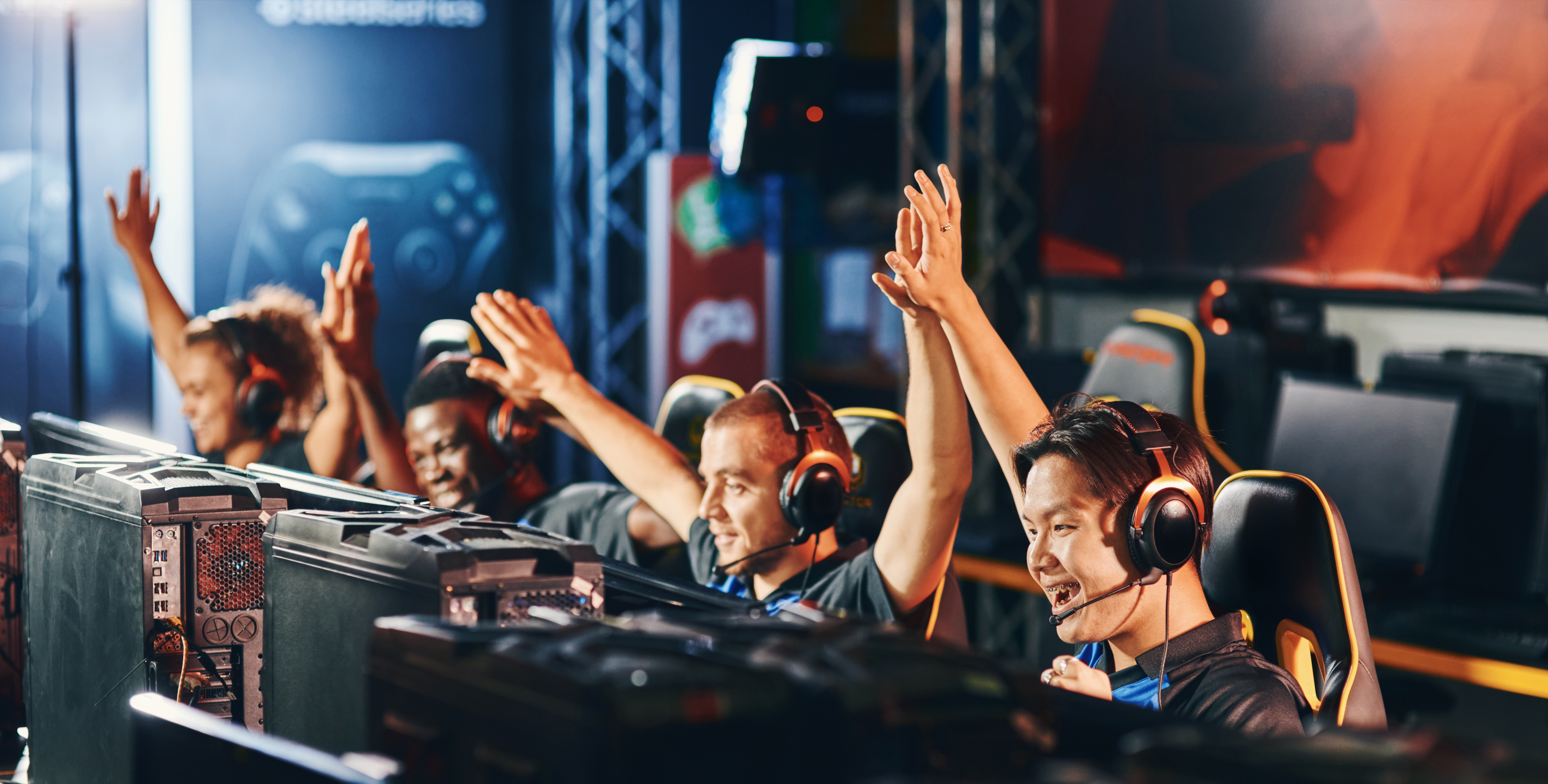 Gamer competing in an online tournament from a home setup